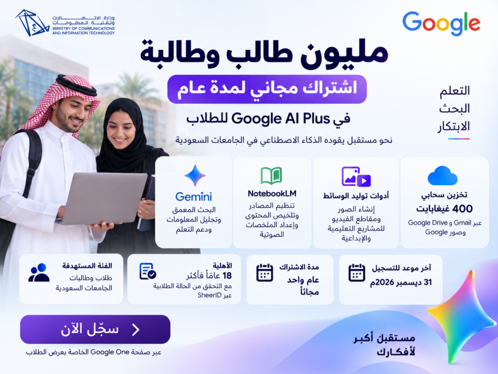 Google AI Plus للطلاب مجانًا لمدة عام في السعودية
